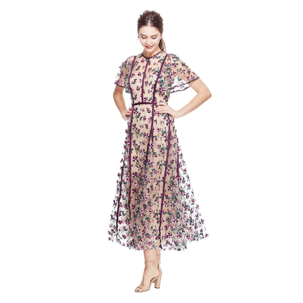 Lela Rose Embroidered Tulle Midi Flutter Sleeve Fit & Flare Dress Size 10 Medium